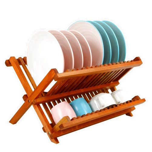 Utoplike Teak Dish Drainer Rack Collapsible 2 Tier Dish Rack Dish Drying Rack Foldable Plate Organizer Holder for Kitchen Compact