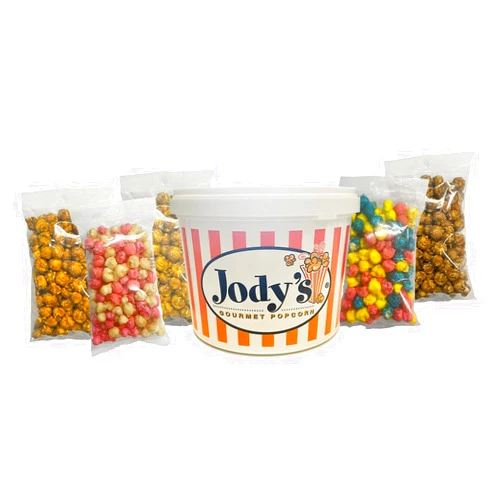 Jody's Gourmet Popcorn Variety Flavor Party Tub, 30oz. Decadent, Rich and Indulgent Caramel, Peanut Butter, Toffee, Funfetti and Birthday Cake Popcorn. Gluten Free, Kosher Certified, Non-GMO, Made in USA