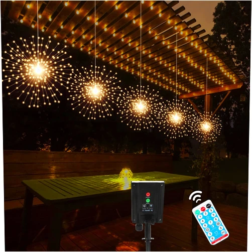 PXBNIUYA 5 Pack Solar Starburst Sphere Lights,200 LED Firework Lights, 8 Modes Dimmable Waterproof Hanging Fairy Light, Copper Wire Lights for Patio Parties Christmas (Warm White)