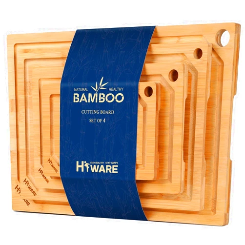 Hiware 4-Piece Extra Large Bamboo Cutting Boards Set for Kitchen, Heavy Duty Cutting Board with Juice Groove, Bamboo Chopping Board Set for Meat, Vegetables - Pre Oiled