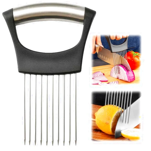 Zezzo Stainless Steel Onion Slice Holder, 2024 Upgraded Onion Holder for Slicing, Lemon Slicer Vegetable Cutter, Chopper Slicing Assistant Tool for Meat, Onion, Potato, Tomato Home Kitchen Tools (1 Pack)