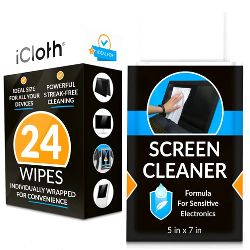 ICloth Screen Cleaner Wipes by iCloth – Individually Wrapped – Travel Size – Streak-Free – Clean Your Phone, iPad, Laptop, Computer Screen and More – 24 Wipes (5