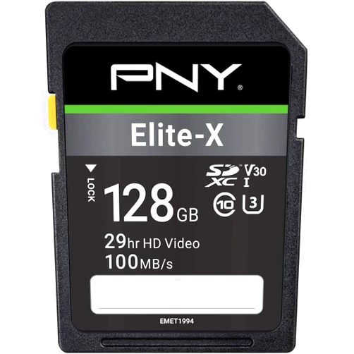 PNY 128GB Elite-X Class 10 U3 V30 SDXC Flash Memory Card - 100MB/s, Class 10, U3, V30, 4K UHD, Full HD, UHS-I, Full Size SD (Pack of 1)