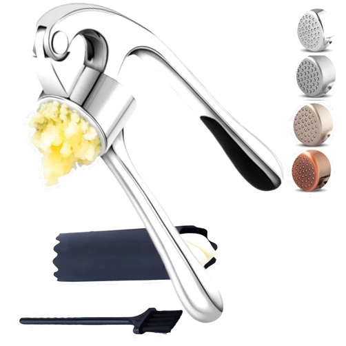 CASA KITCHEN Premium Garlic Press Set - Easy to Squeeze Ergonomic Handle Garlic Crusher - Rust Proof & Dishwasher Safe Garlic Mincer Tool, Garlic Press Stainless Steel, Garlic Peeler & Brush (Chrome Silver)