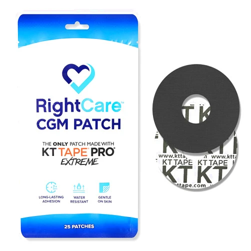 RightCare CGM Adhesive Patch for Libre Uncovered Circle (25-Pack), Black, Made with Synthetic PRO Extreme KT Tape
