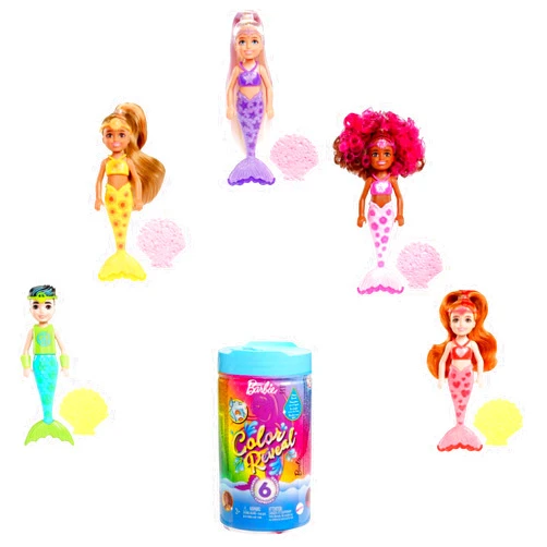 Barbie Color Reveal Rainbow Mermaid Series Chelsea Doll with 6 Surprises, Color Change and Accessories