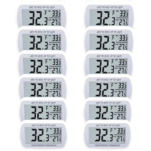 AEVETE 12 Pack Waterproof Digital Refrigerator Thermometer Large LCD, Freezer Room Thermometer with Magnetic Back, No Frills Easy to Read