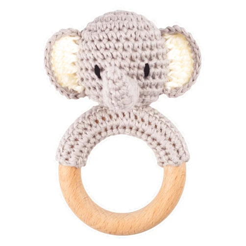 Joliecraft Safari Animals Wooden Baby Rattle Toys Stuffed Crochet Rattle with Teether Ring for Newborn, Gray Elephant
