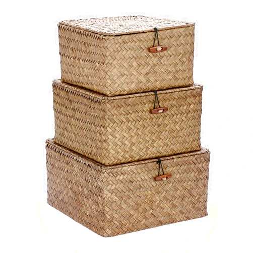Hipiwe Wicker Shelf Baskets Bins with Lid Handwoven Storage Baskets Boxes Natural Seagrass Basket Box Home Decorative Household Organizer Bins Boxes for Shelf Organizing,Set of 3