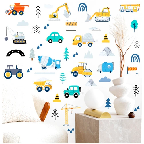 PartyGarden Construction Vehicles Wall Stickers - 6 Sheets 90 Pcs Construction Themed Trucks Excavator Crane Bohemian Style Wall Decals Peel and Stick Wall Decors for Kids Baby Bedroom Boys Room Nursery Playroom