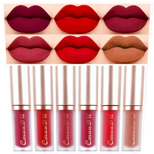evpct 6Pcs Dark Bright Ruby Sexy Brick Mauve Plum Red Brown Matte Matt Liquid Lipstick Lip Gloss Glossy Set for Black Women 24 Hour Silky Velvet Lipstick Lip Liner set labiales matte larga duracion 24