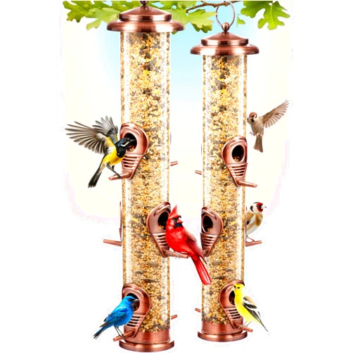 Gray Bunny Metal Bird Feeders for Outdoors Hanging, Brushed Copper Squirrel Proof Bird Feeders with Locking Lid & Adjustable Hanger, Chew-Proof, Weather Resistant 16 Inch 6 Port 2pk Wild Birding Gifts