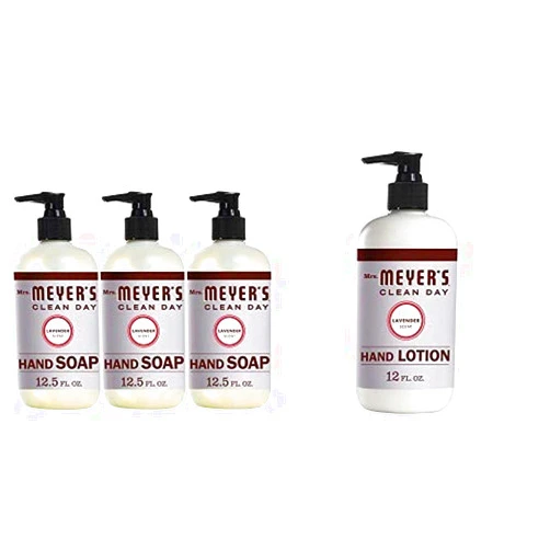 MRS. MEYER'S CLEAN DAY Mrs. Meyer’s Clean Day Liquid Hand Soap Bottle, Lavender Scent, 12.5 Fl Oz, Pack of 3 and Mrs. Meyer’s Clean Day Hand Lotion, Lavender Scent, 12 Ounce Bottle