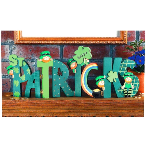 Fun Express Happy St. Patrick's Wooden Screen Sign - hinged, Wood and Hand Painted - Shamrocks, Leprechauns, and Rainbows - St. Patrick's Day Tabletop Home Decor