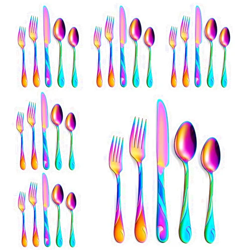 Seeshine Rainbow Silverware Set for 6, 30-Piece Stainless Steel Flatware Set, Shiny Rainbow Metal Cutlery Set, Include Fork, Knife and Spoon Set, Dishwasher Safe