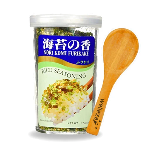 Welleza Nori Komi Furikake Rice Seasoning Japanese Seasoning Bundle - Organic Rice Seaweed Seasoning, Roasted Sesame Seeds 1.7 Oz with Welleza Bamboo Wooden Spoon for Jar Tea Coffee Sugar Kitchen