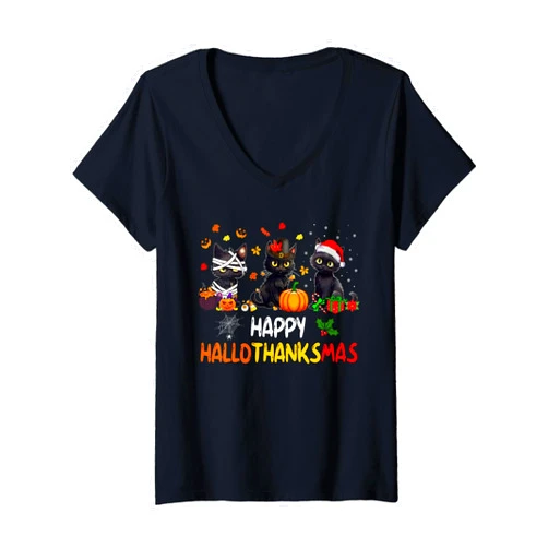Happy Hallothanksmas Shirt For Cat Mom Cat Dad Funny Cat Happy Hallothanksmas Halloween Thanksgiving Xmas V-Neck T-Shirt