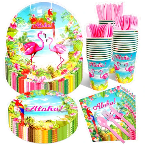 Jremreo 175 Pcs Aloha Tropical Flamingo Party Supplies Set - Serves 25, Hawaiian Luau Disposable Tableware, Includes Plates, Cups, Napkins, Forks, Spoons, Knives for Summer Beach Birthday Pool Decorations