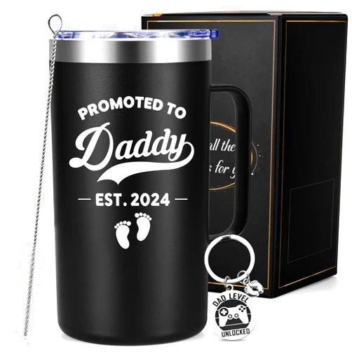 Qtencas New Dad Gifts for Men, Promoted to Dad Est. 2024 First Time Dad Dad to Be New Daddy on Father's Day Baby Shower Insulated Coffee Mug, 20 Oz Insulated Stainless Steel Coffee Mug with Lid, Black