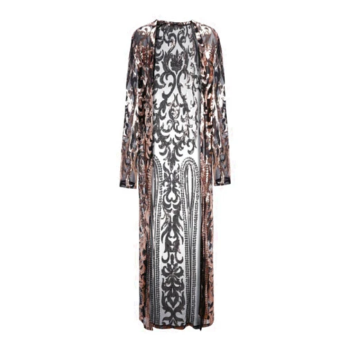 HUOJING Ankle Length Cardigan Cloak Womens Totem Sequin Applique Long Shawl Blouse Long Sleeve Sheer Thin Coat