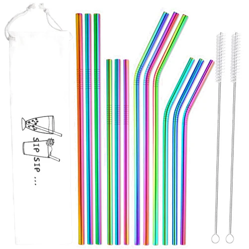 Hiware 12-Pack Rainbow Metal Straws Reusable with Case - Stainless Steel Drinking Straws for 30oz and 20oz Tumblers Yeti Dishwasher Safe, 2 Brushes Included
