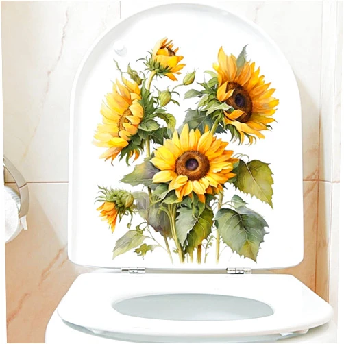 TypoGrove Sunflower Toilet Seat Lid Cover Decals Stickers PVC Flowers Sticker Removable Self-Adhesive Restroom Decor Art Decoration Bathroom Accessories Toilet Lid Decals