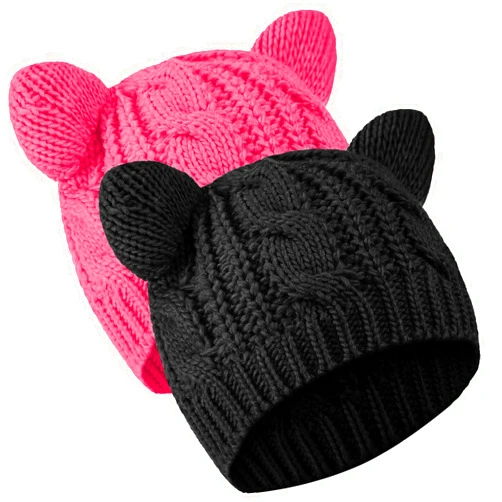 SATINIOR Cat Ear Beanie Hats Cute Cat Knitted Hat Winter Knit Cable Hat for Women Girls