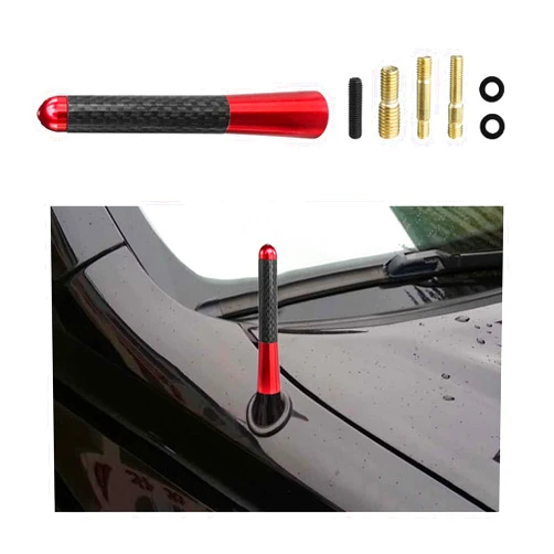 Dickno Car Short Antenna, 3.15'' Aluminum Radio Antenna Mast Replacement, Carbon Fiber Auto AM/FM Radio Reception Antenna with Screws, Vehicle Roof Mini Aerial Antenna for Car SUV (Red)