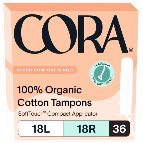 Cora Organic Applicator Tampon Multipack | 18 Light & 18 Regular Absorbency | 100% Organic Cotton, Unscented, BPA-Free Compact Applicator | Leak Protection | Packaging May Vary | 36 Total