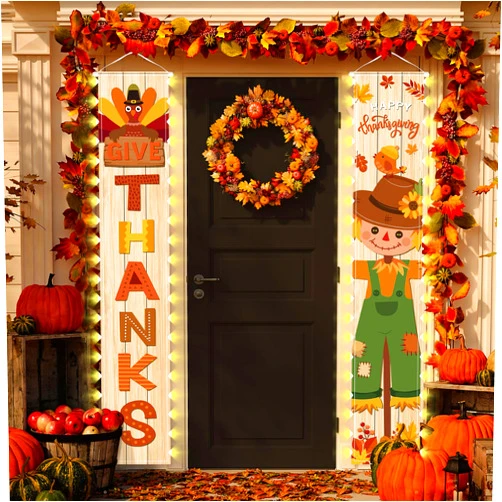VitalCozy 2 Pcs Thanksgiving Porch Banners with Lights Give Thanks Fall Door Decor Autumn Scarecrow Sign String Light Banner for Home Indoor Outdoor Fall Harvest Theme Party Decorations