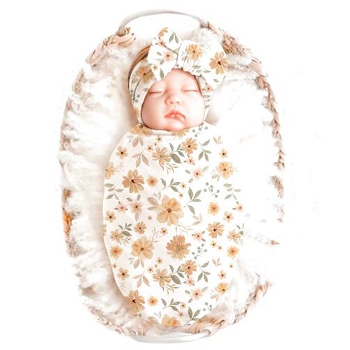 Konssy Baby Girl Newborn Receiving Blanket with Headband Set Baby Swaddle Nursery Swaddle Wrap
