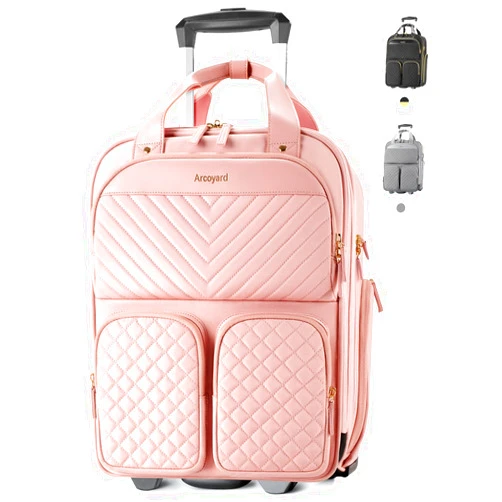 Arcoyard Underseat Carry On Luggage with Wheels, Airline Approved Personal Item Bag, Multiple Compartment Travel Carry-On with Leather Handle, Soft Side Lightweight Rolling Suitcase for Women, Pink, L