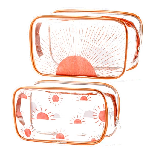 Y1tvei Boho Sun Makeup Bag - 2Pcs Brown Boho Sunshine Ray Transparent Print Clear Cosmetic Toiletry Bag Small Plastic Waterproof Portable Carry Pouch Summer Beach Travel Organizer for Women Girls