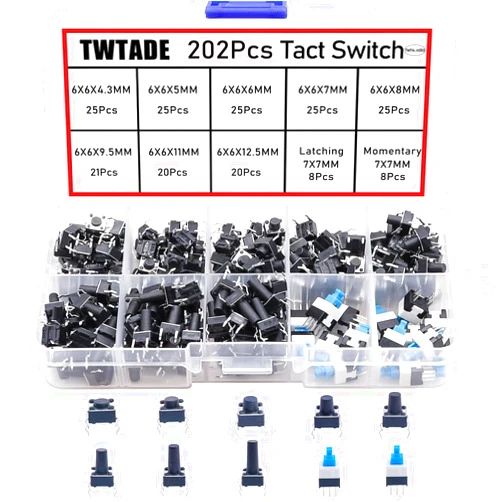 TWTADE 202PCS Micro Momentary Tactile Push Button Switch Assortment Kit 10 Values 4 Pins 6x6mm & 7x7mm Tact Switches