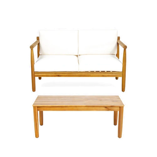 Christopher Knight Home Outdoor Acacia Wood Loveseat and Coffee Table with Cushions, Teak and Cream