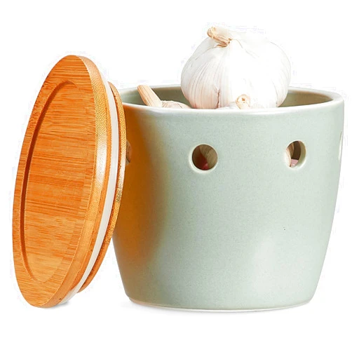 ONEMORE Large Garlic Keeper with Lid, Ceramic Garlic Saver 5 inch, Garlic Keeper for Counter, Light Green
