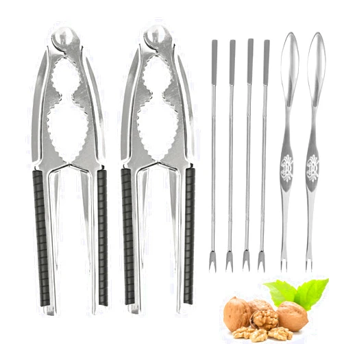 Vligcor 2 Pieces Nut Crackers Walnut Cracker Heavy Duty Shell Cracker with 6 PCS Forks/Picks Lobster Crab Crackers Nut Cracker Opener Tool with Black Non-Slip Handle