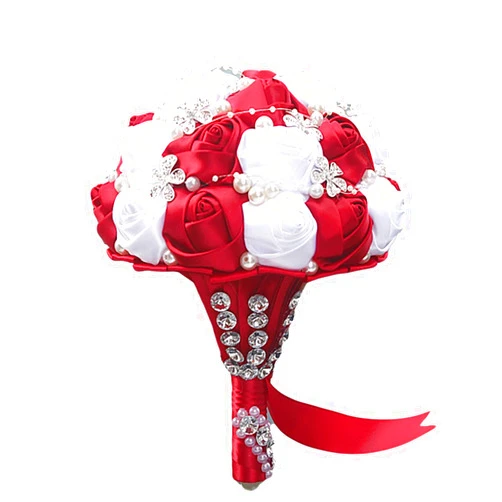 XINNI Handmade Bridal Wedding Bouquet Bride Bridesmaid Satin Rose Flower Bouquet with Rhinestone and Pearls Wedding Decoration Red and White
