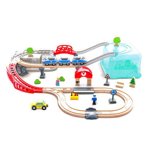 Hape City Railway and Train Bucket Set Toy with Hoisting Magnetic Crane for Trains, Trucks, and Cargo for Kids Ages 3 and Up, Multicolor