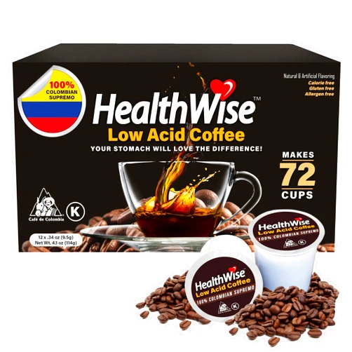Healthwise Low Acid Coffee K-Cups - Soothe Acid Reflux & Heartburn, Gentle on Sensitive Stomachs, Eases Digestive Discomfort - Classic Columbian Supremo (Unflavored) - 72 Count (Pack of 6)