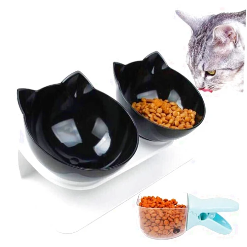 LOVECENTRAL 15° Tilted Pet Feeding Bowl with Food Scoop, Detachable Dish Bowl Raised Stand Transparent Double Dog Cat Bowls for Food and Water Feeder Black