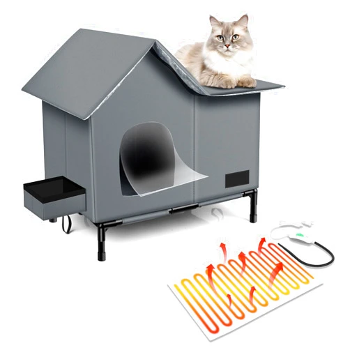 Anysiny Heated Cat House,Removable Elevated Weatherproof Cat Houses for Outdoor Cats with Heating Pad (Gray, Large)