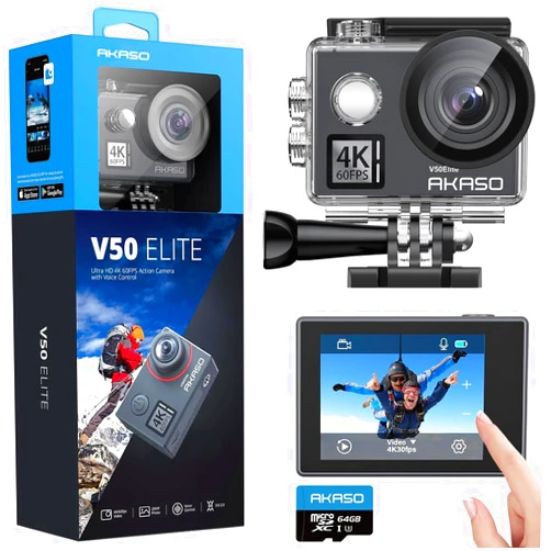 AKASO V50 Elite 4K60fps Touch Screen WiFi Action Camera Voice Control EIS 131 feet Waterproof Camera 8X Zoom Remote Control (with 64GB MicroSD Card)