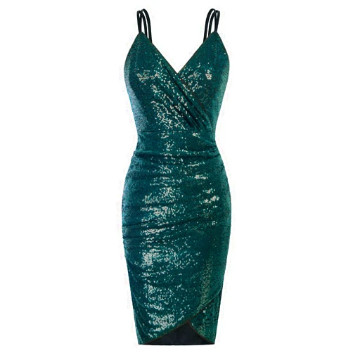 GRACE KARIN Women's Sexy Sequin Sparkly Glitter Ruched Party Club Dress Spaghetti Straps Wrap V-Neck Bodycon Dress