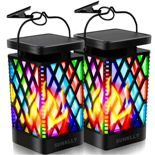 Sunklly Solar Lanterns-Sunklly Hanging Solar Lights Color Changing & Fixed 9 Modes Waterproof Hanging Lanterns Outdoor Lights Flickering Flame Camping Lanterns Decoration for Tent Garden Patio Pathway(2 PACK)