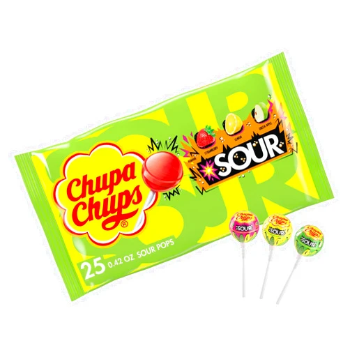 Chupa Chups SOUR Lollipops, Halloween Trick or Treat Candy Variety Pack, Lemon, Strawberry, and Apple Flavored, Individually Wrapped Bulk Sour Candy Suckers for Adults & Kids, Bag of 25