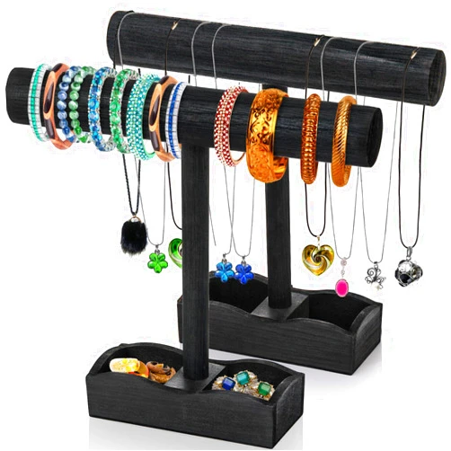 Cididu Set of 2 Bracelet Holder Display, Wooden Bracelet Display Stand Necklace Holder, T-Bar Jewelry Organizer Stand for Vendors Selling, Watch Rack with Storage Tray for Earrings, Rings, Bangles