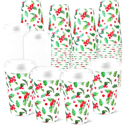 Fullhawl 100 Set Christmas Paper Coffee Cups with Lids 12 oz Disposable Christmas Hot Chocolate Cocoa Cups Red Green Holly Leaf Holiday Cups for Xmas Tea Beverage Drinkware Party Supplies