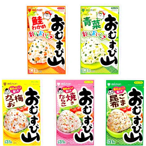 OSK Mizkan Furikake Seasoning 5 Types Of Japanese Rice Seasoning Omusubi Yama (Salmon Wakame/Green Vegetable/Ume Bonito/Grilled Cod Roe/Sesame Kelp) 1.09oz each