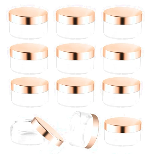 Cositina 12 Pack 30g/1oz Plastic Cream Jars Clear Sample Containers Wide Mouth Leak Proof Travel Cosmetic Bottles with Rose Gold Lids for Creams Lotion Make Up Powder Glitter Jewelry